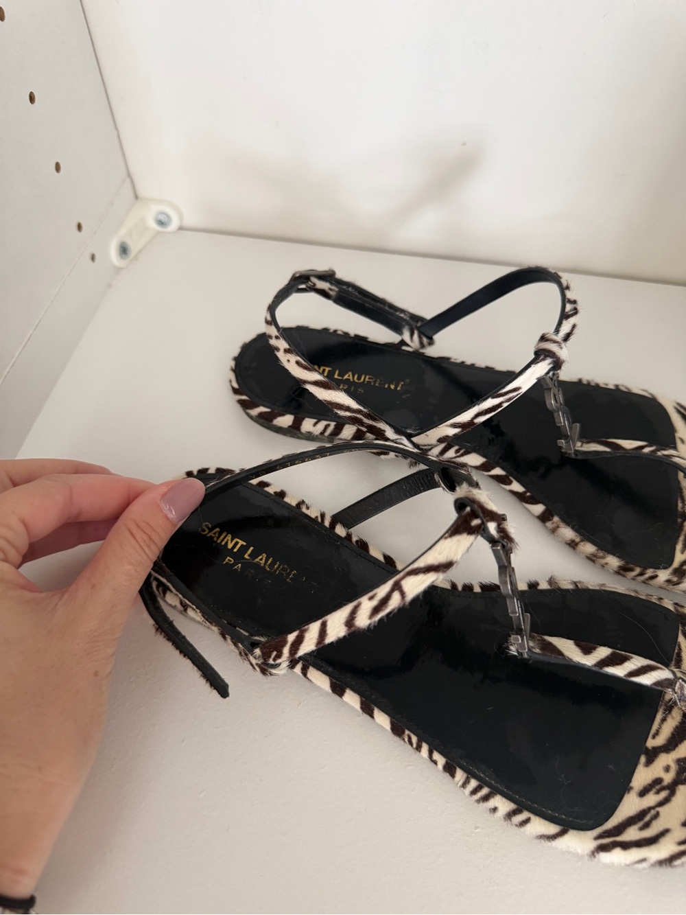 Yves Saint Laurent Zebra Haircalf T-Strap Sandals in Black & Cream - Picture 2 of 3